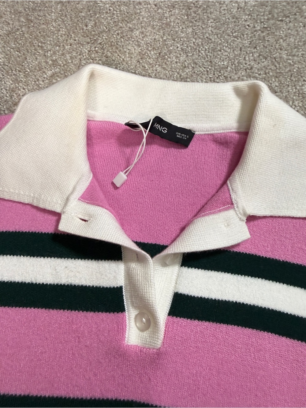Mango Pink Green Striped Polo Collar Knit Sweater Top Small - Tennis Preppy - Picture 12 of 16